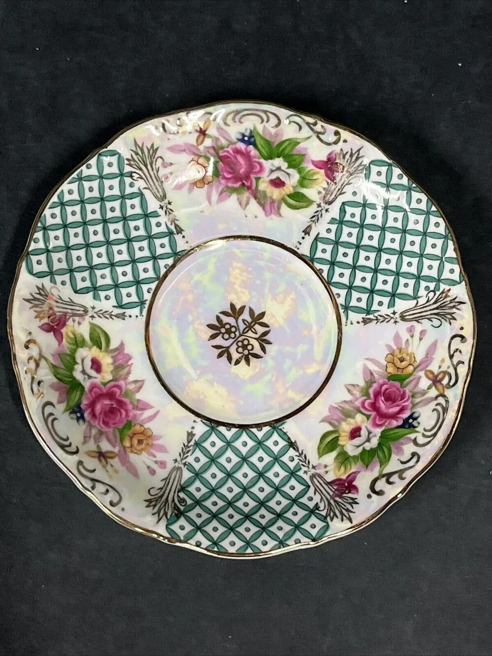 VTG L M Royal Halsey Very Fine Teacup & Saucer Floral Pink Green Gold Iridescent
